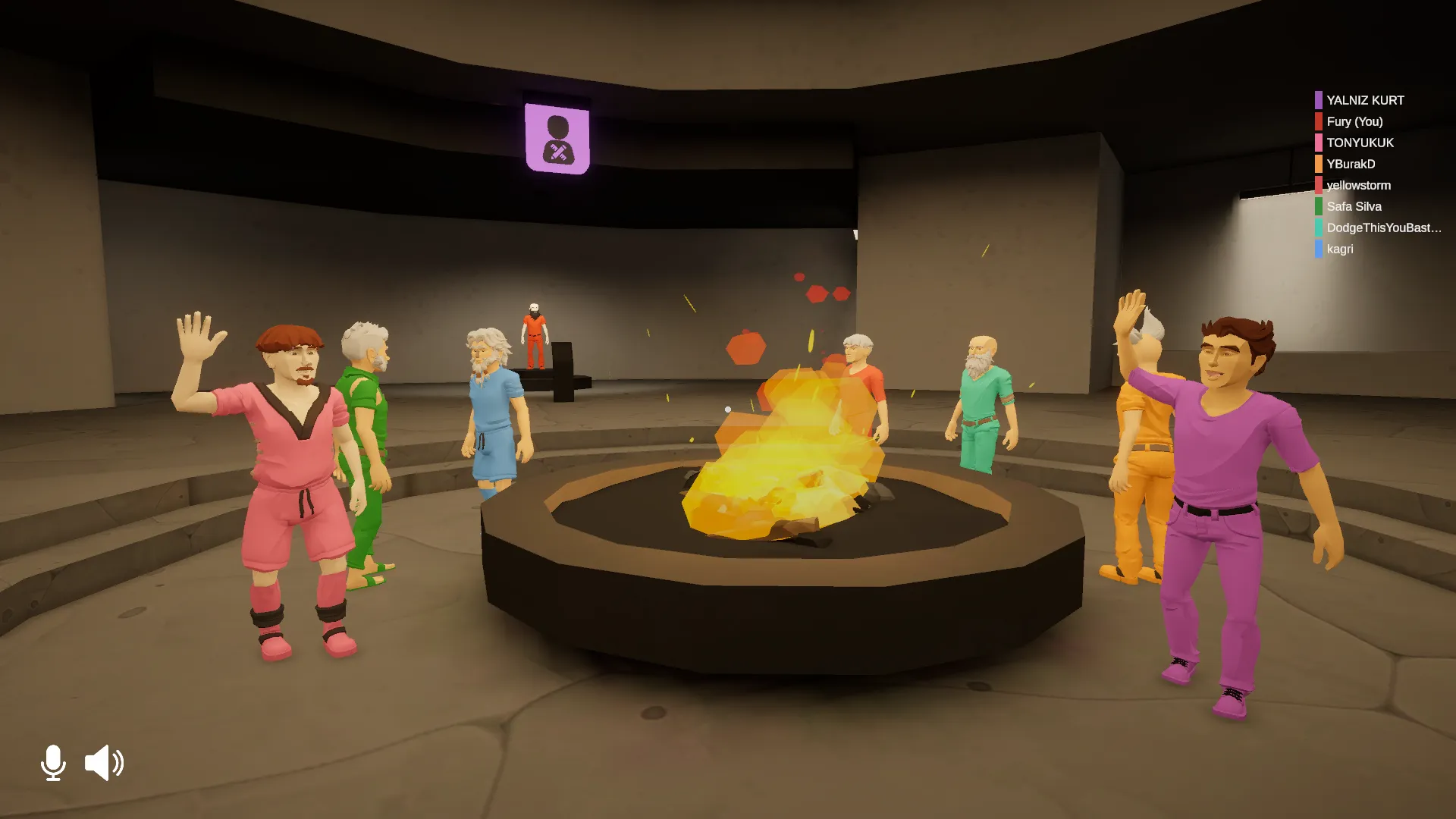 Inmates gathered around the fire in the hall.